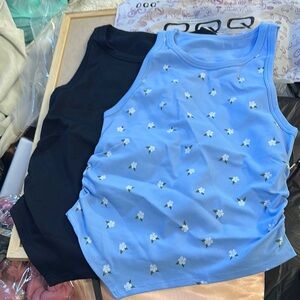 Blue Floral Tank Top and Black Tank Top Set